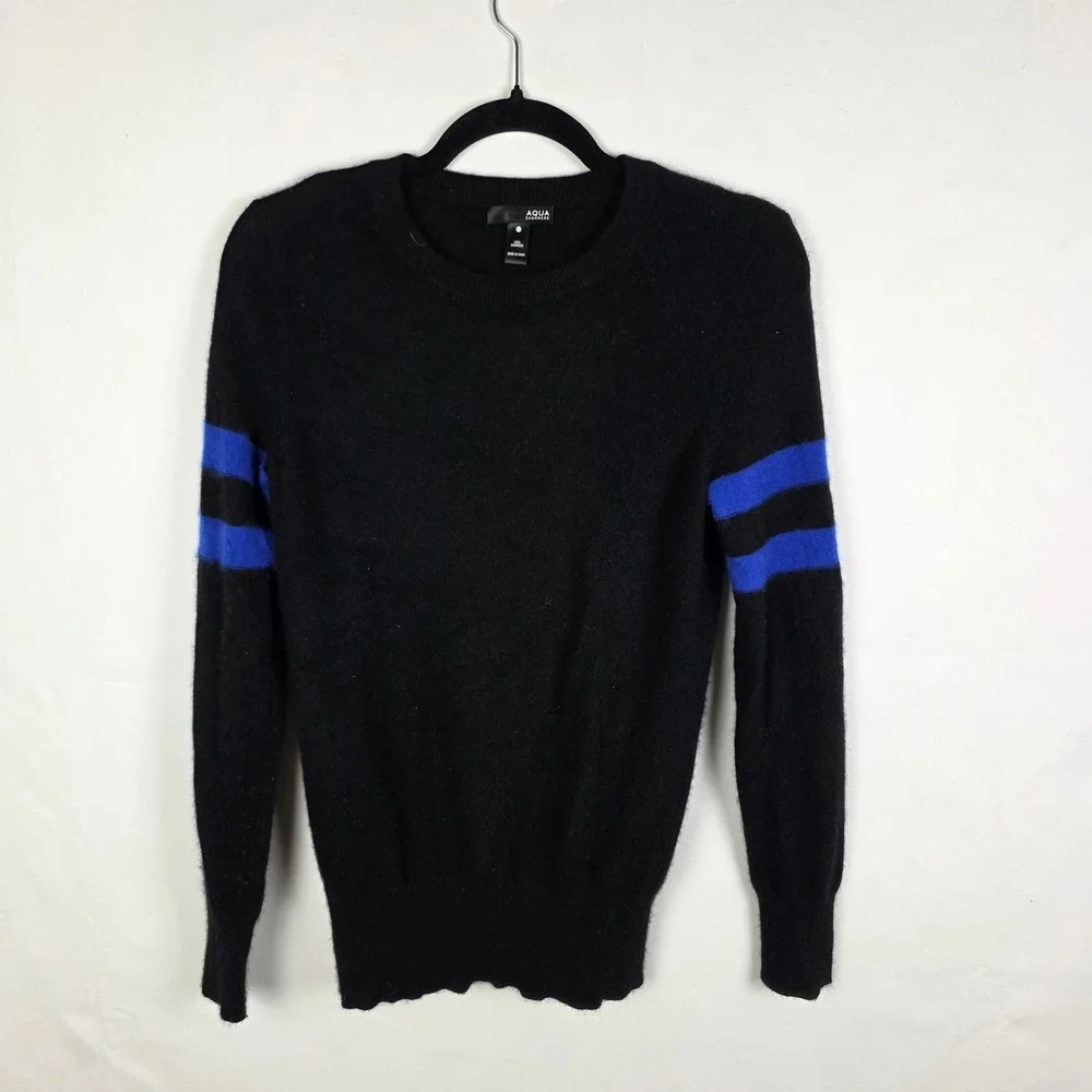 Aqua Cashmere Sweater Womens XS Black Blue Varsity Stripe Crewneck 100% Cashmere